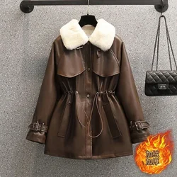 PU Leather Coat Women New Lambswool Jacket Autumn Winter 2024 Thick Fur Long Outerwear High-End Fashion Female Overcoat Tops