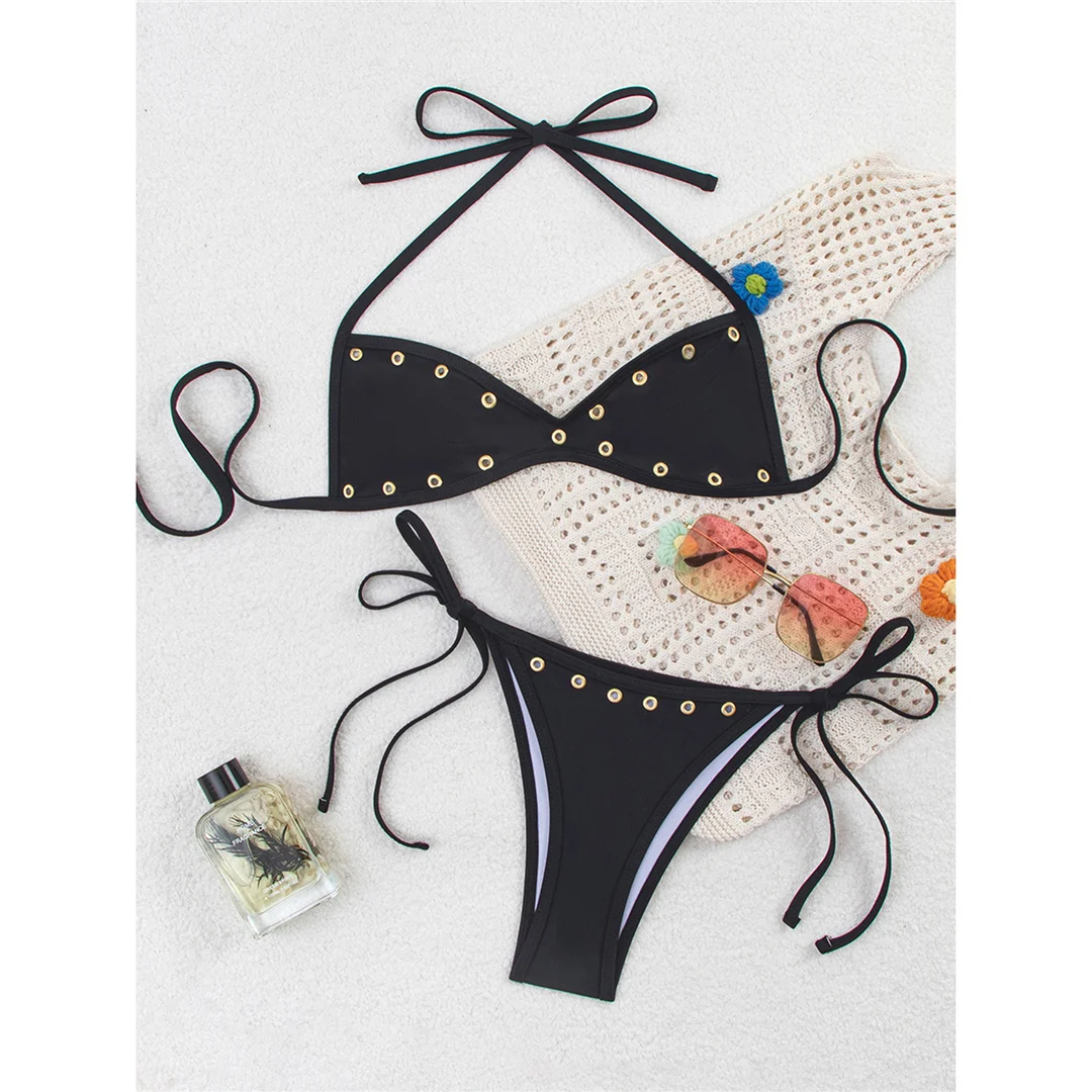 Neuer, verführerischer Bikini mit Neckholder-Ausschnitt, Damen-Badeanzug, zweiteiliges Bikini-Set, hoch geschnittene Beine, mit Trägern, Badebekleidung, Badeanzug, Modell V7950. – Detail 4