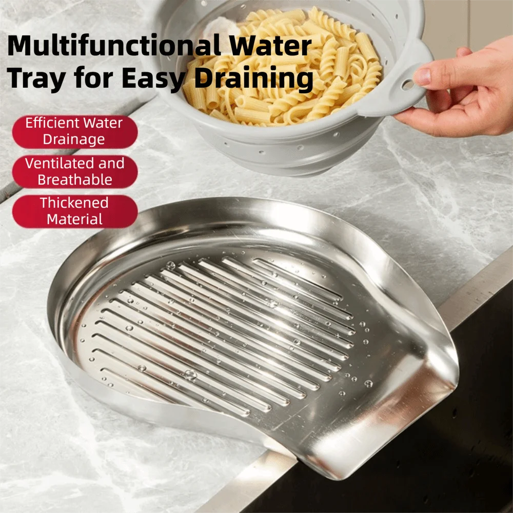 Stainless Steel Dish Drainer Tray Drainage Spout Self-Draining Dish Drying Rack Heat-Resistant Raised Edge Sink Drip Board