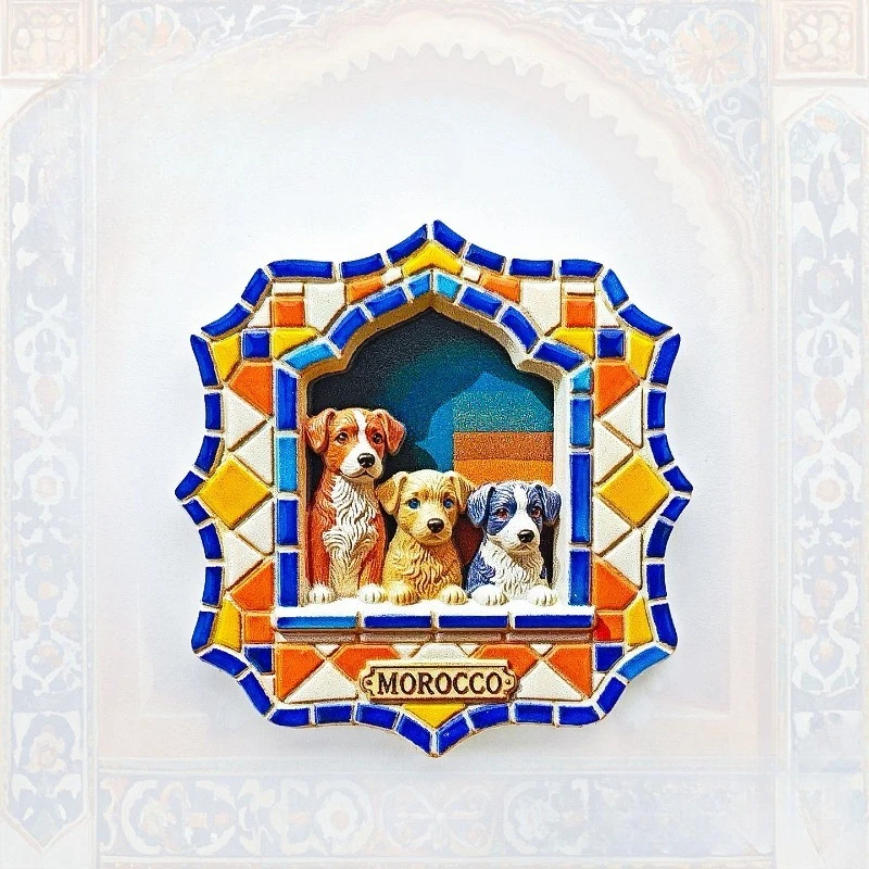 Morocco Puppies Fridge Magnet - Charming 3D Windowsill Scene Souvenir Unique North African Gift for Travel & Animal Lovers Decor