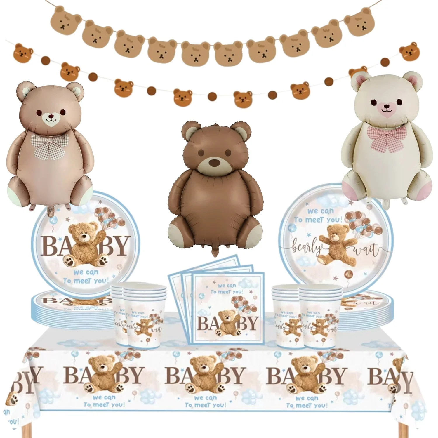 Vaisselle, assiettes, serviettes et bannière à thème ours de dessin animé, fournitures pour baby shower et décorations pour fête d'anniversaire d'enfants sur le thème des ours, avec l'inscription « We Can Bearly Wait »