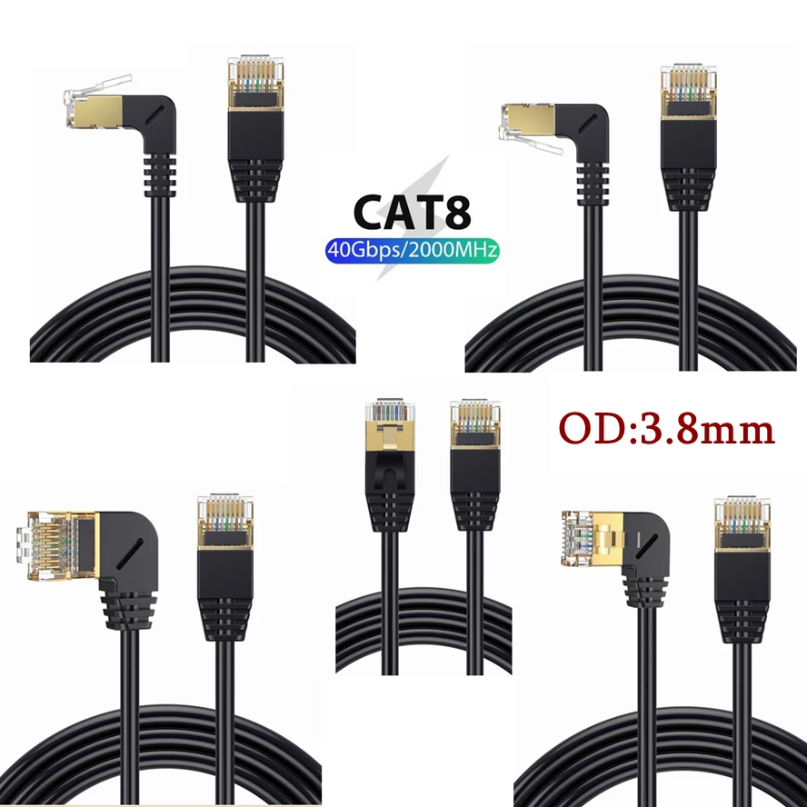 Ultra cienki kabel Ethernet Cat8 SFTP 40 Gb/s 2000 MHz Cat 8 RJ45 Sieć Lan 90 stopni w górę w dół Kąt Internet RJ 45 Kabel Ethernet