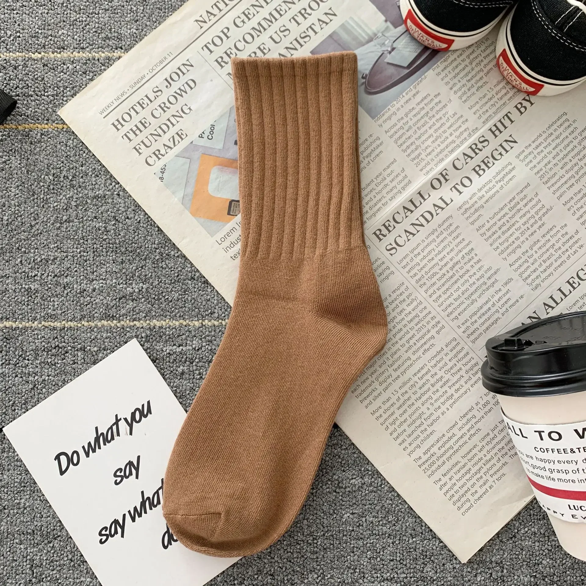 Korean Fashion Women Classic Solid Color Striped Cotton Loose Socks Japanese Style Simple Basic Socks Lady All Match Brown Sock