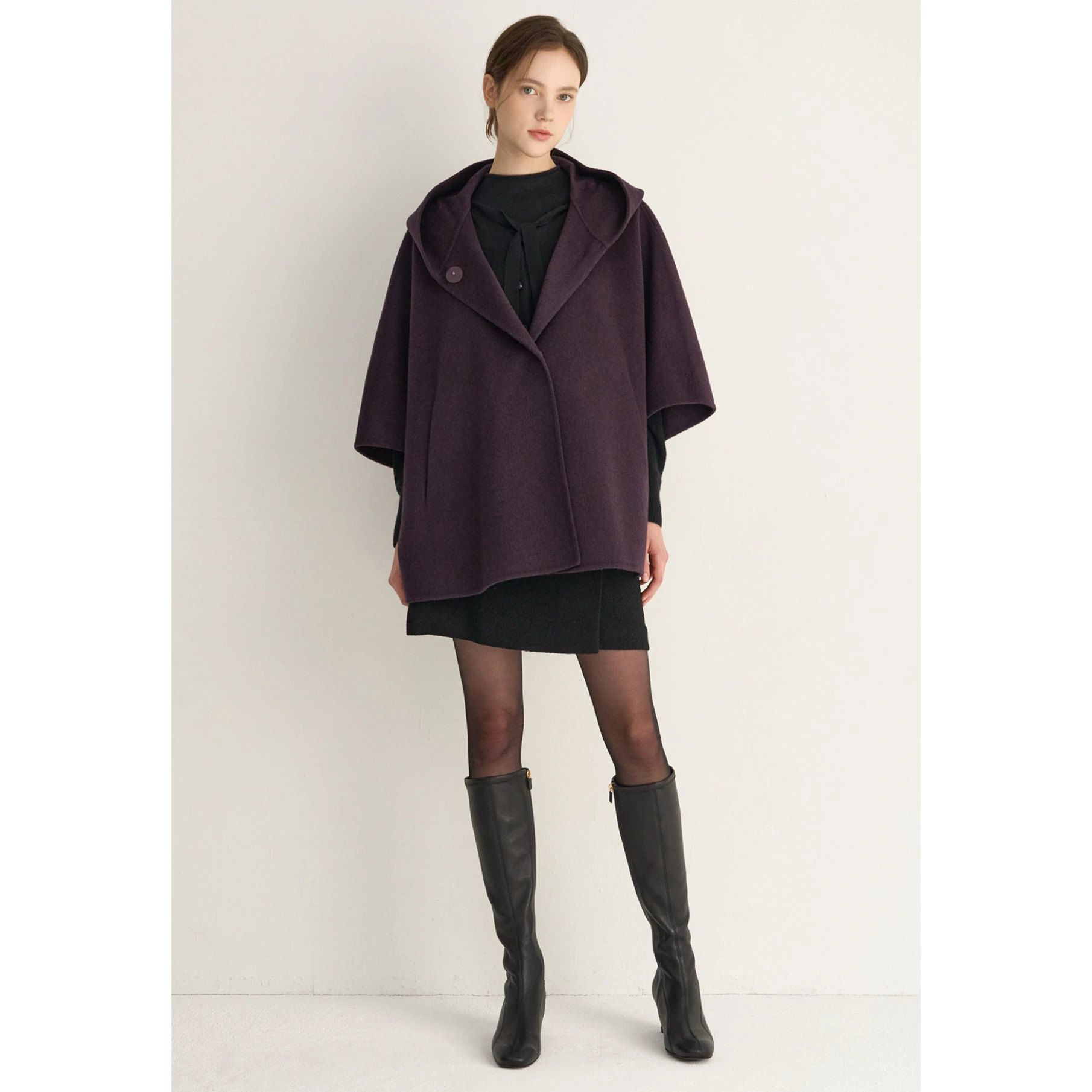 

Lemon Cheese MIN25 Autumn Lazy Faion Hooded Loose A-Line Cowl Ne Woolen Coat Long Sve Pure Color Commute Sle