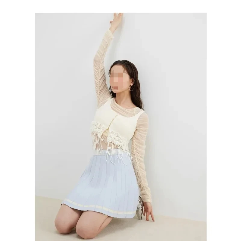 WAKUTA Spring/Summer Sweet Letter Printed Hundred Pleated Half Skirt Temperament Academy Style Embroidered Pleated Half Skirt