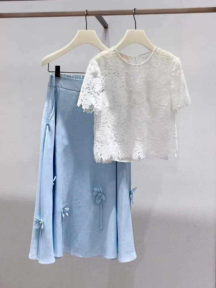 

Korean Sle Beautiful Set 2025 Summer Faion Unique Lace Top f Skirt Two Piece Set Ele Versatile Women's Ensemble