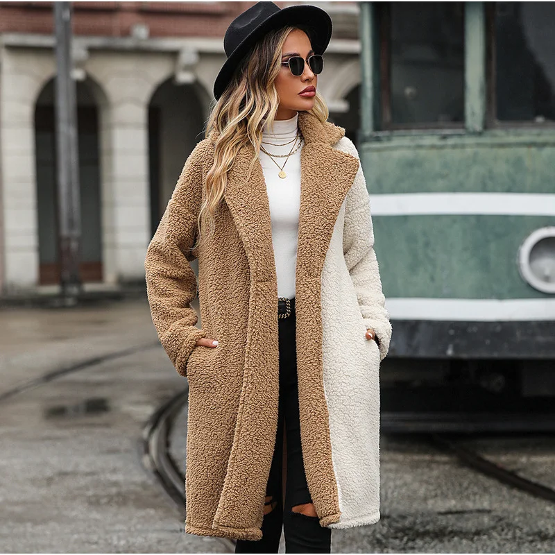 Inverno quente moda feminina outono/inverno casaco feminino manga longa contraste estilo terno colarinho bolha veludo casaco casual