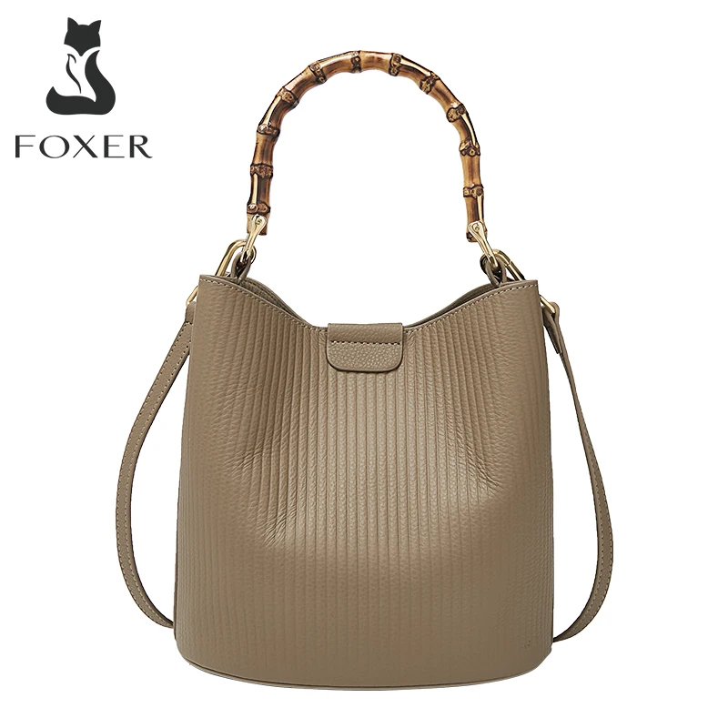 FOXER Female Genuine Leather Bucket Handbag Lady Simple Composite Shoulder Crossbody Bag Women High Quality Cowhide Commute Tote