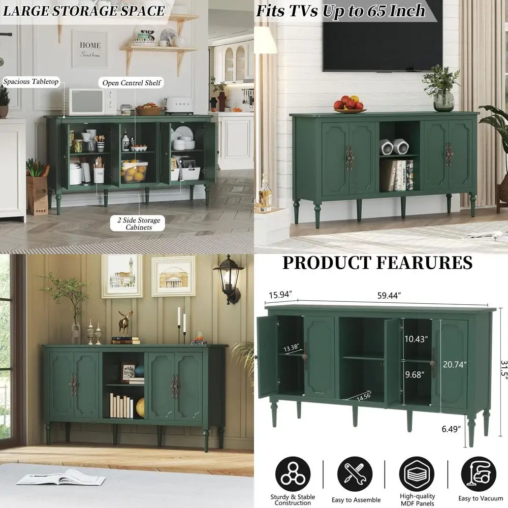 Mid-Century Modern 4-Door Sideboard Cabinet, 59 Storage Cabinet with Shelves, Green Decorative TV Stand