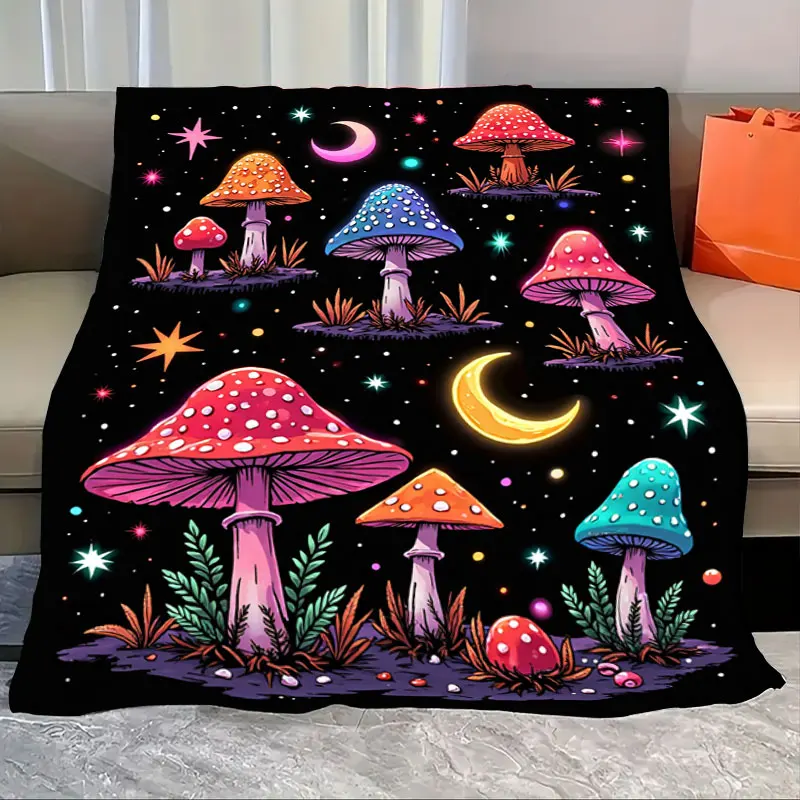 

1pc Flannel Blanket Psychedelic Mushroom Blanket with Cosmic Stars and Moon Design