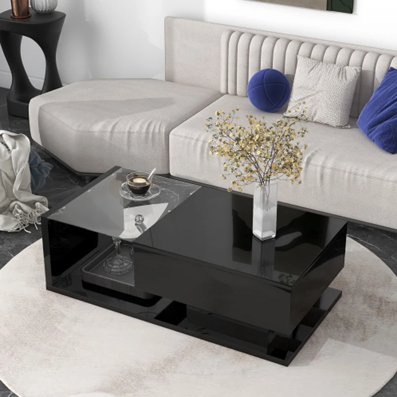 ON-TREND 모던 커피 테이블, 강화 유리, 나무 칵테일 테이블, 글로스 UV 표면, 블랙