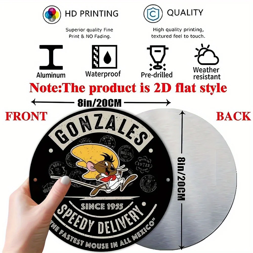 لافتة معدنية من الألومنيوم مسطحة ثنائية الأبعاد مقاس 20.32 × 20.32 سم - ماوس كرتوني قديم في سمبريرو ووشاح أحمر مع "GONZALES SPEEDY DELIVERY" و"SIN