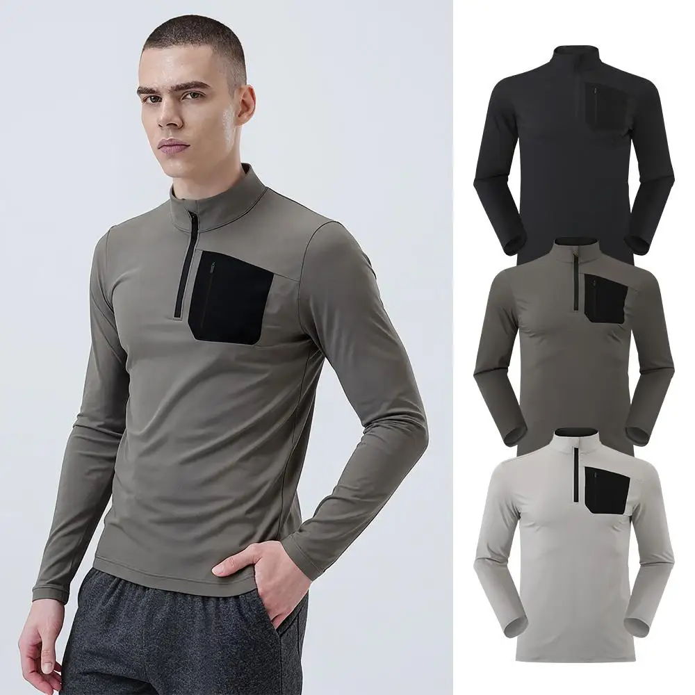 Outdoor Sports T-shirt Long-sleeved Men Quick-drying Breathable Sweat-wicking Stand-up Collar Half-zipper Casual Pocket Gym Top