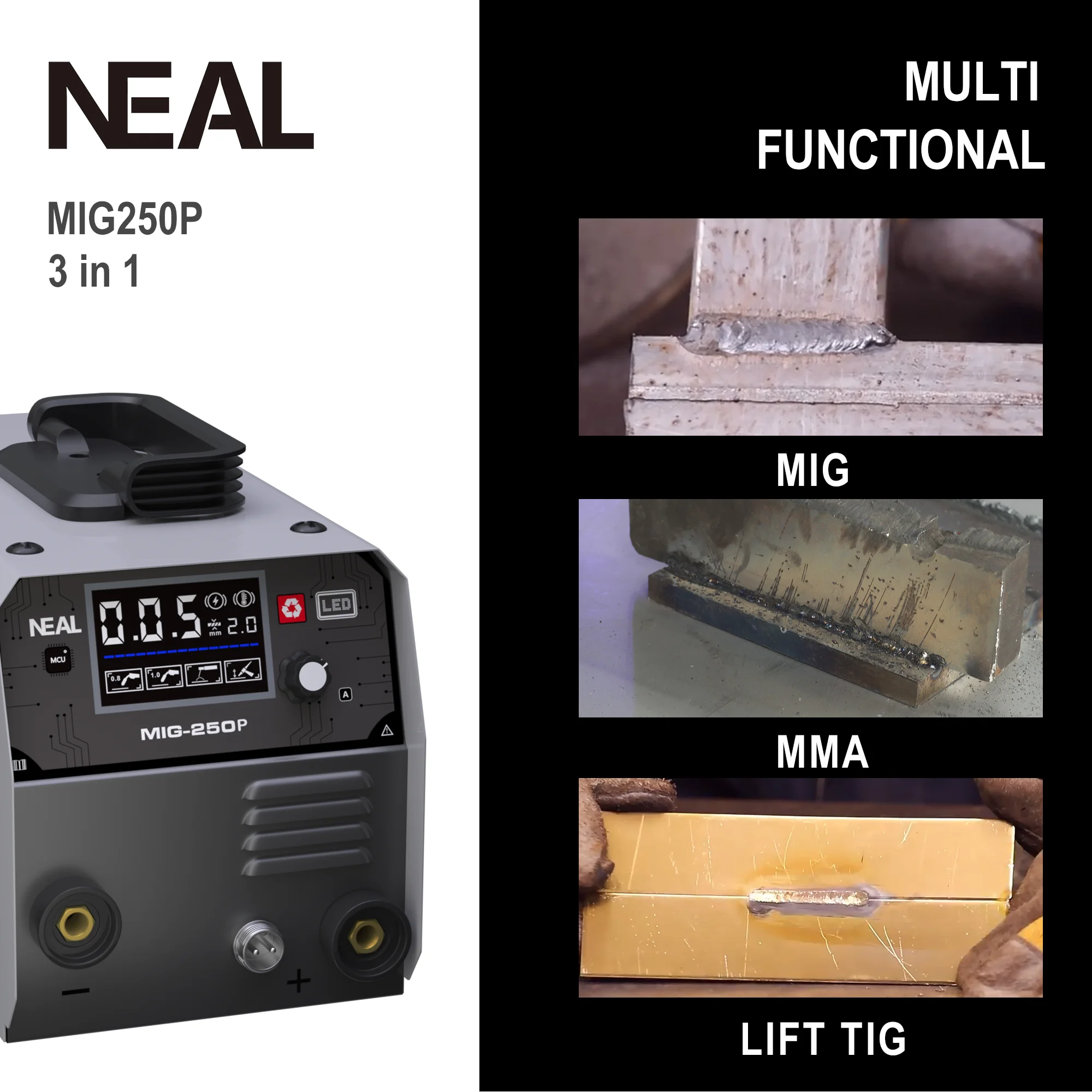 NEAL LED SCREEN 220V MIG-250P Lift TIG MMA MIG 3 in 1 Welding without Gas Flux Core Wire SEMI--Automatic MIG Welding Machine