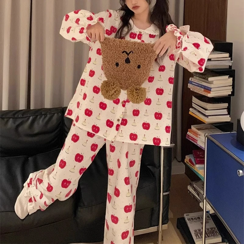 Pajama Sets Women Red Apples Print Sweet Princess Sleepwear Home College Girls Lounge Dormitory Spring Autumn Korean Fashion New