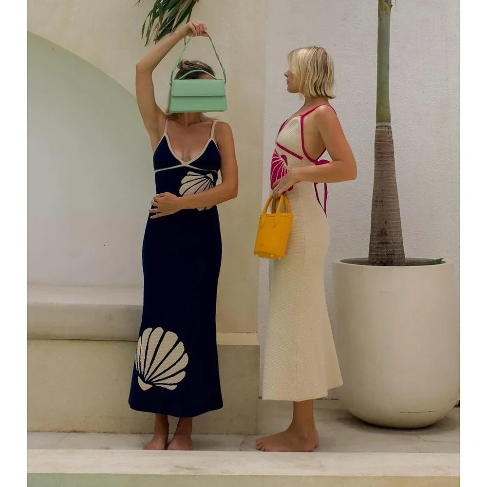 2024 Abito estivo lavorato a maglia Bikini Copricostumi Sexy See Through Cover Up Beach Abiti lunghi aderenti Maglia Halter Vestito estivo Beachwear