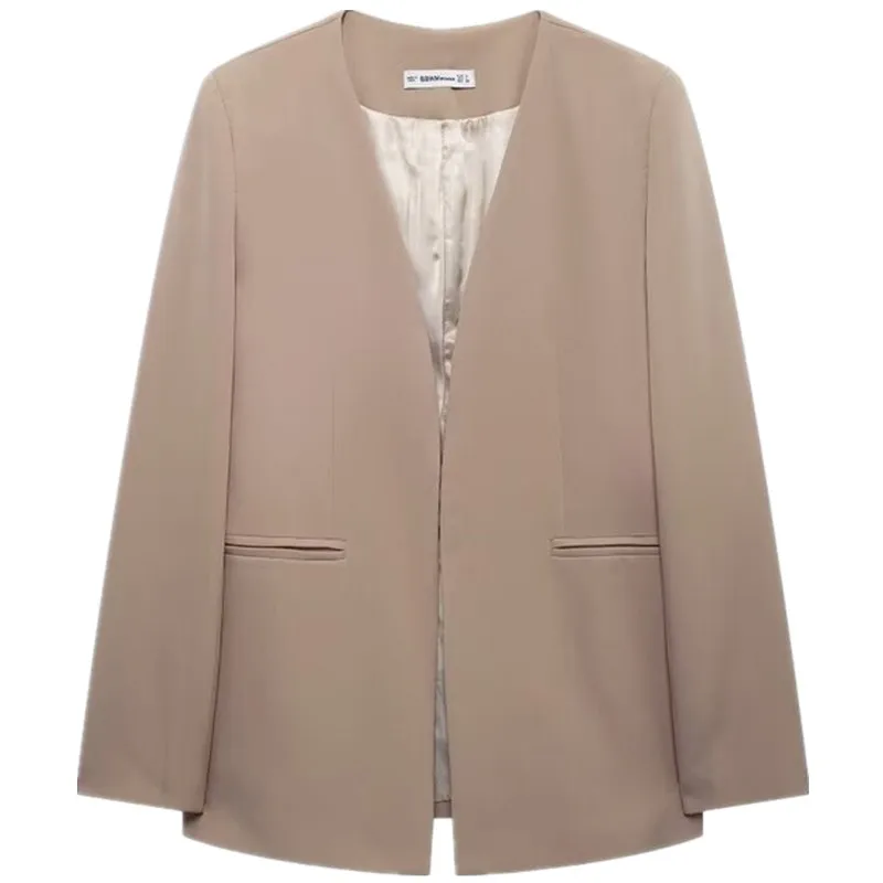 2024 Autumn New Sle Women's Casual Pure Color No Collar Commuter Suit Versatile Design Slimming Effect Long Sve Regular ...