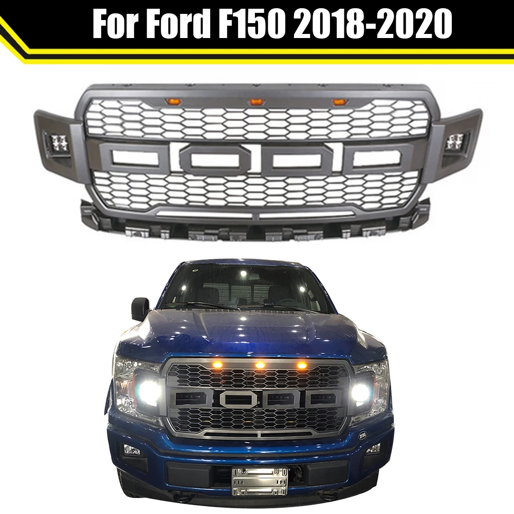 

Matte Black Or Grey Replacement Grille ABS Front Mesh Grill Fit For Ford F150 2018 2019 2020 Raptor Style Grills w/LED Light