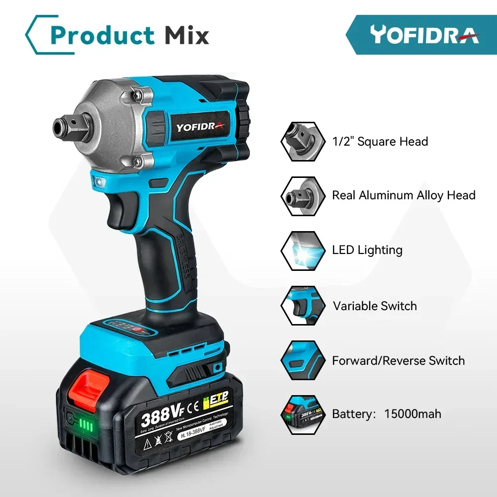 Yofidra 1000N.m Brushless Electric Impact Wrench Cordless 3 Gears 1/2 Inch High Torque Impact Power Tools For Makita 18V Battery