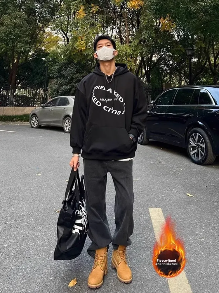 

Мужские джинсы с флисовой подкладкой, прямые, осенне-зимние, желтые, в стиле High Street, черные джинсы-бойфренды