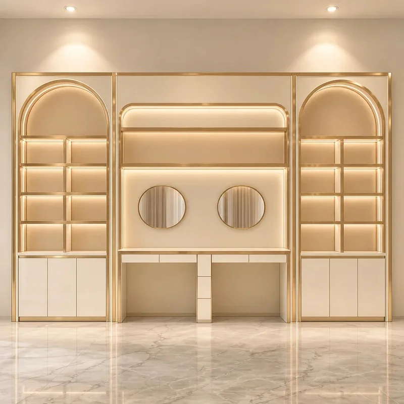 custom.Luxury Arched Vanity Display Unit LED Backlit Glass Shelving Showcase Rose Gold Trim Circular Mirrors Boutique Dressing C