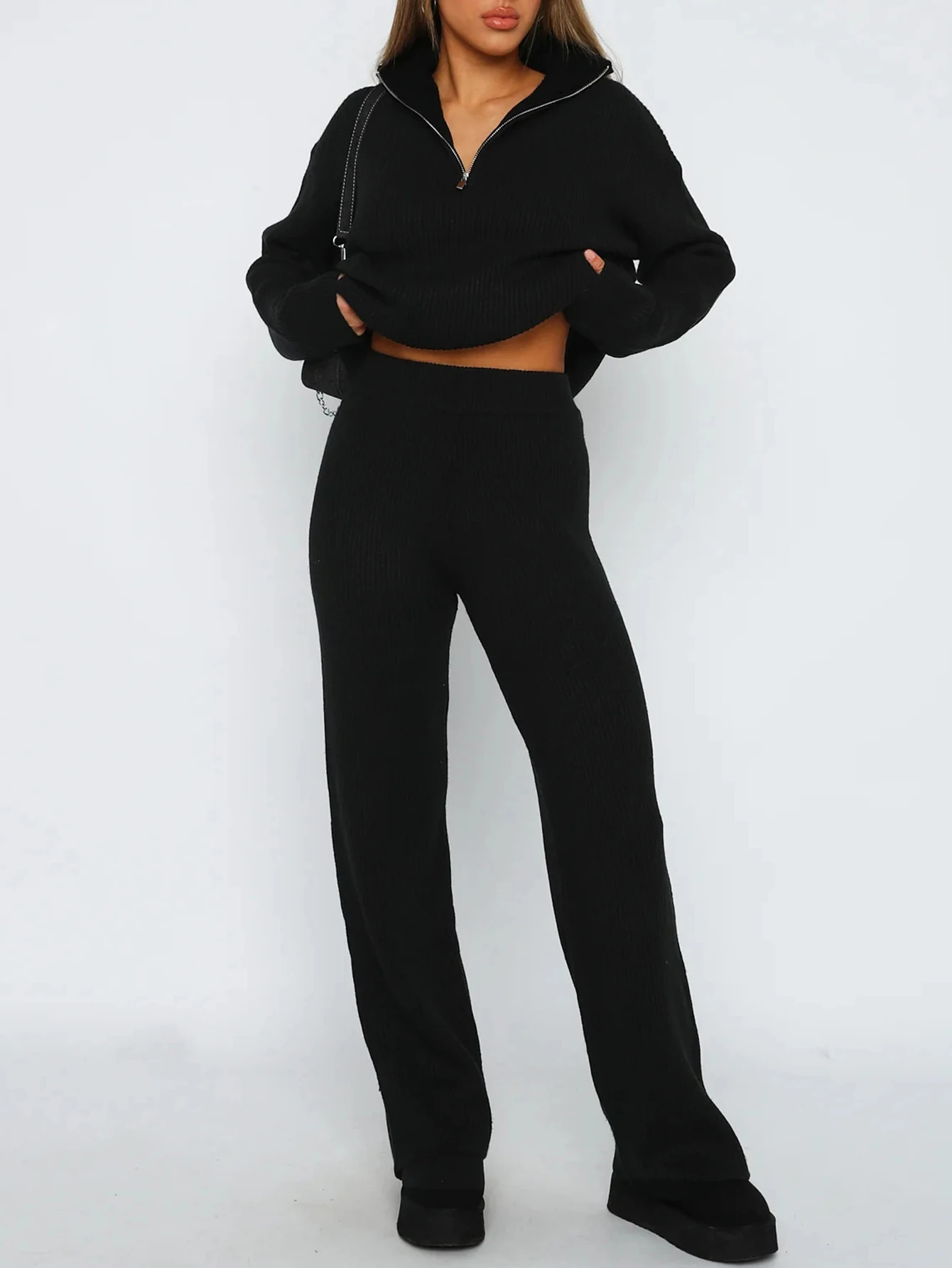 Set casual alla caviglia a vita alta alla moda da donna con cerniera chic coreano basic tinta unita manica lunga colletto alla coreana