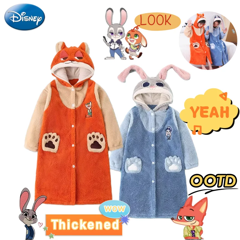 

Утолщенный теплый халат на флисовой подкладке с героями мультфильмов Диснея Зоотопия Джуди и Ника, милые удлиненные пижамы и домашняя одежда для мальчиков и девочек