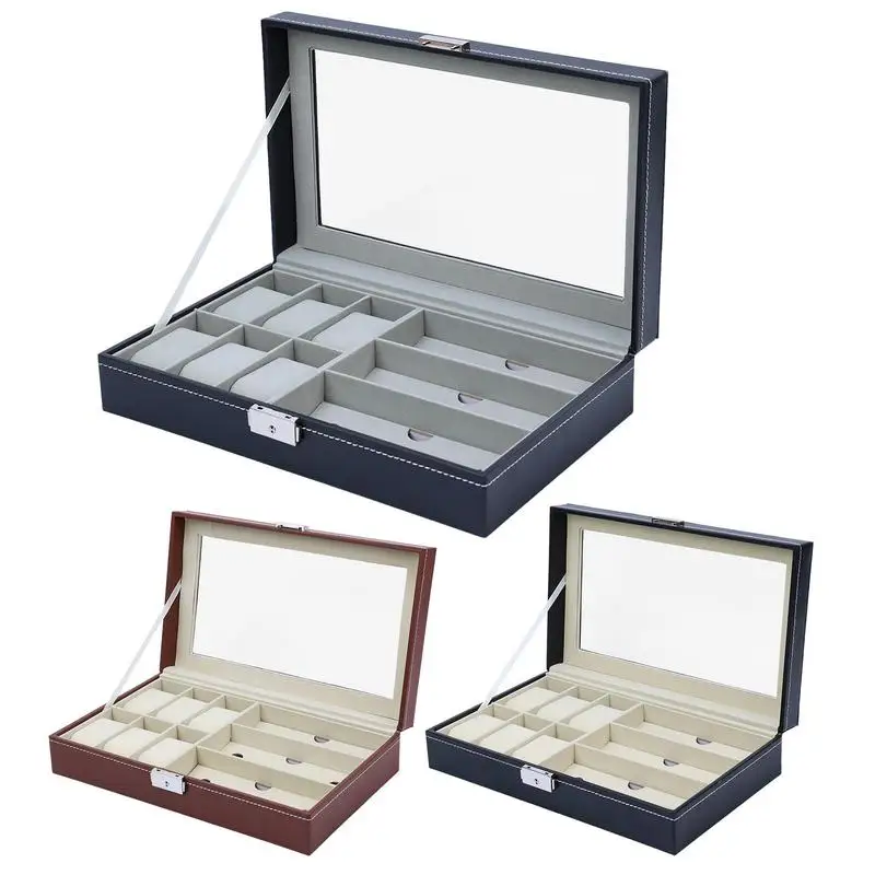 Watch Display Case Watches Eyeglasses Storage Case PU Leather Lockable Glasses Watch Storage Boxes With Clear Viewing Window