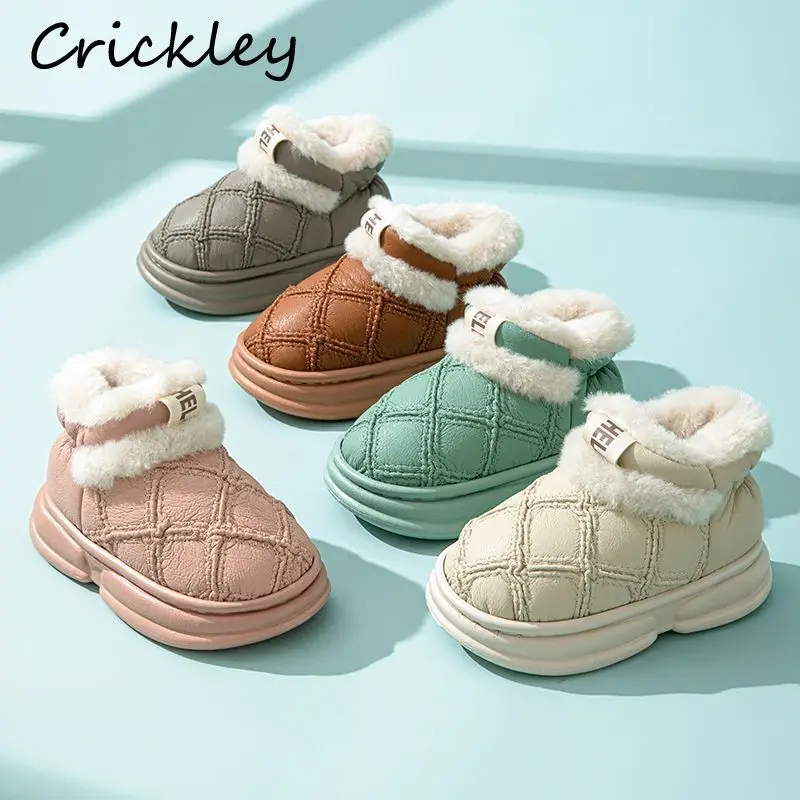 Solid Plaid Children Slippers Winter PU Leather Boys Girls Indoor Shoes Thick Warm Plush Soft Bottom Kids Slippers