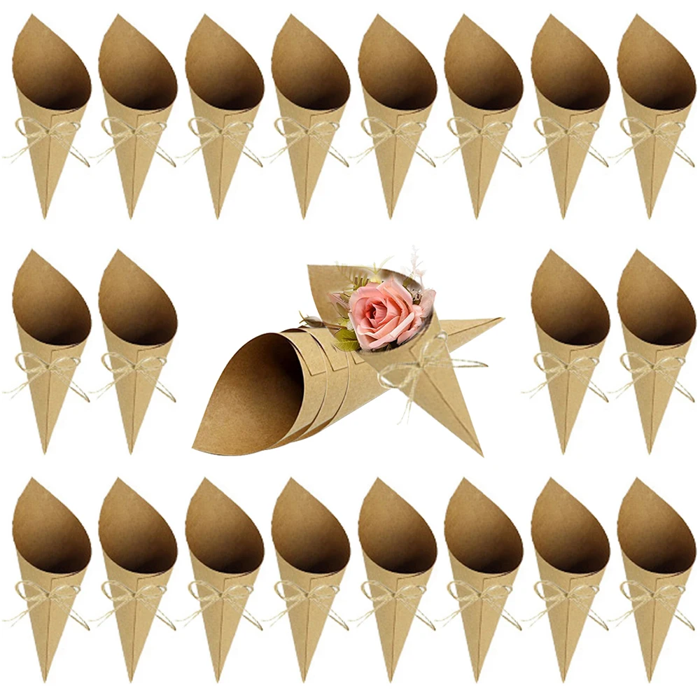 30Pcs Kraft Paper Cones Wedding Confetti Cones Bouquet Petals Candy Bags Boxes Flower Holder with Hemp Ropes Label Stickers Tape