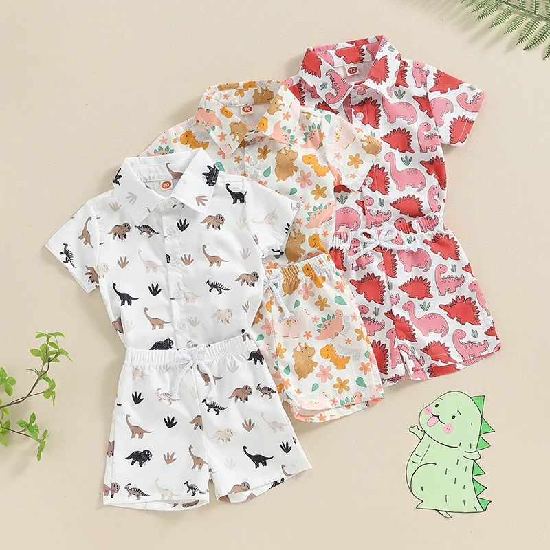 SUNSIOM 2PCS Baby Boys Clothes Summer Sets Short Sleeve Dinosaur Print Button Up Tops and Elastic Waist Shorts Sets