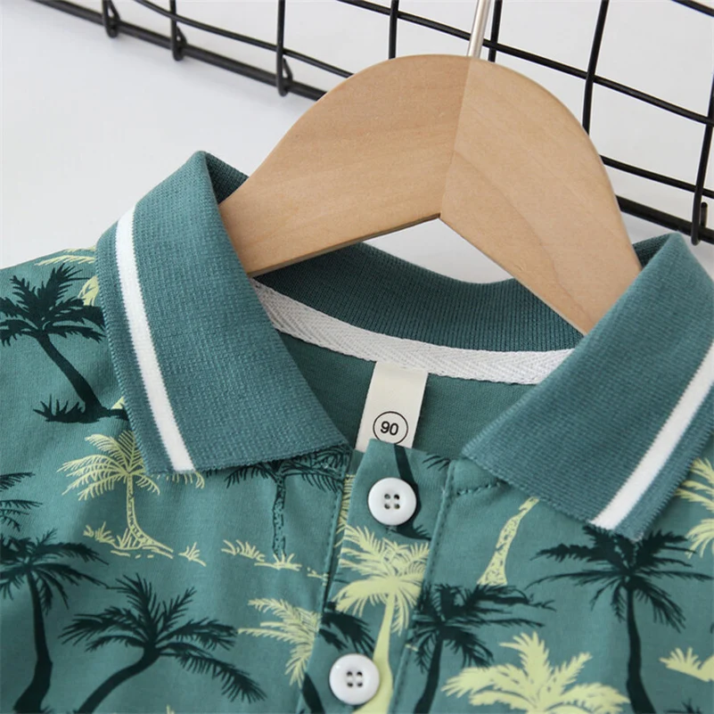 Summer Boys 2024 Korean Fashion Casual Breathable Flip Print Coconut Tree/POLO Shirt/2-7 Years Old