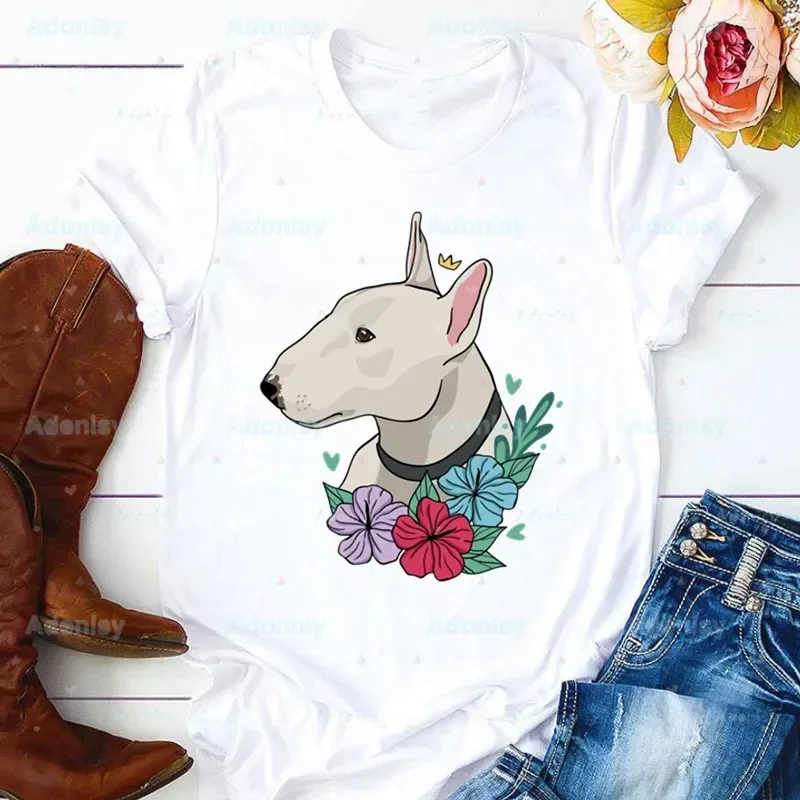 Bull Terrier Group T-shirt Ladies Cute Pet Dog Logo Funny Casual o-collar White Shirt Short Sleeve T-shirt Graphic Printing