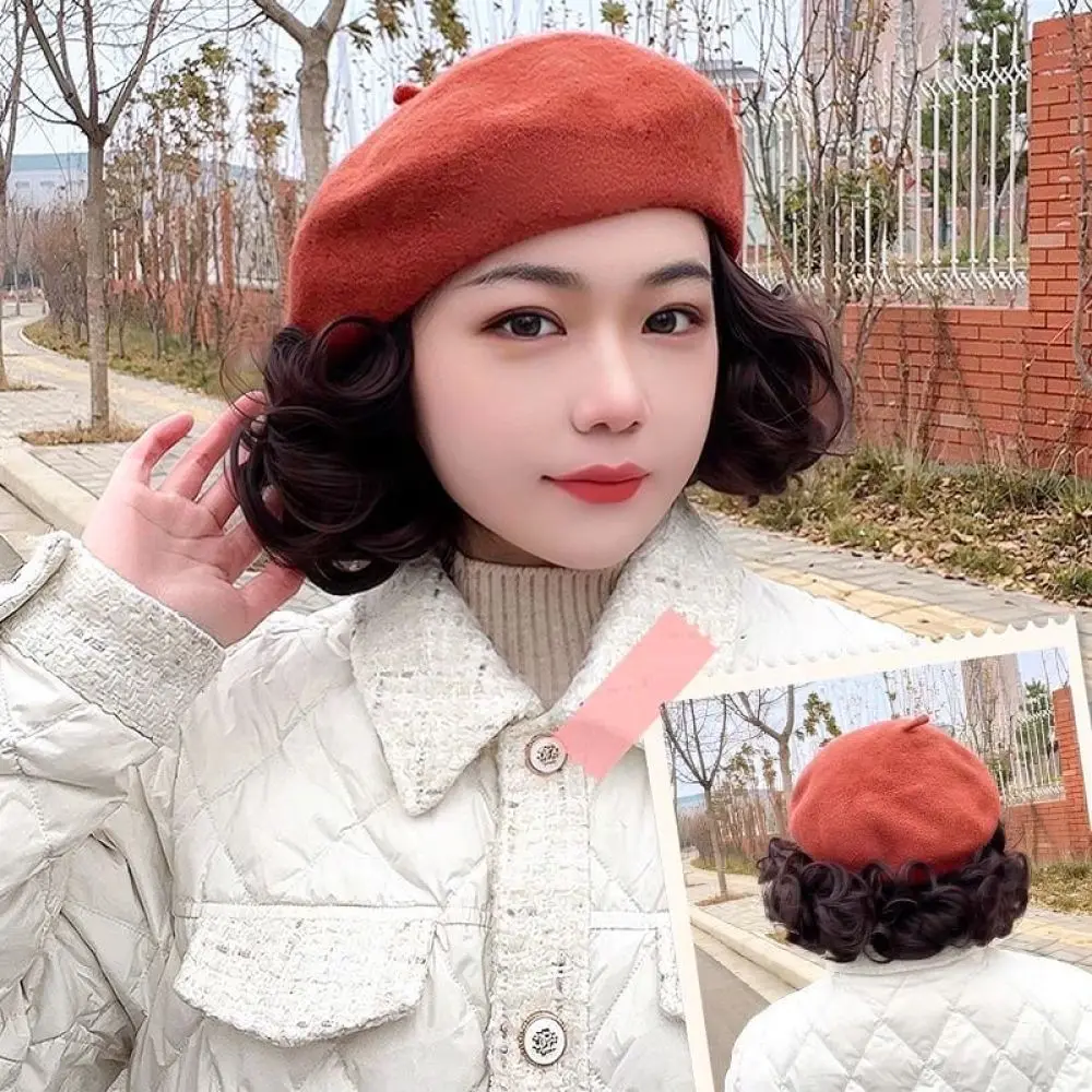 Natural Style Synthetic Short Curly Wig With Beret Hat Women Trendy Hairpiece For Daily Fall Winter Fashion