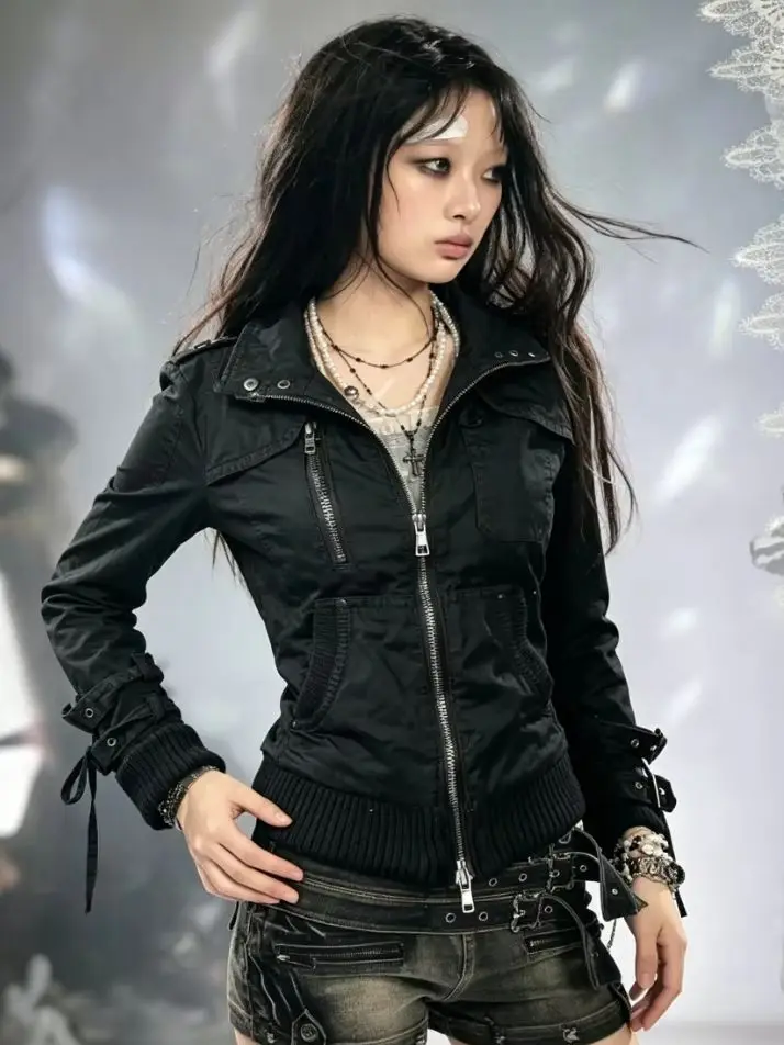 Women Vintage Punk Hooded Jacket Y2K Grunge Streetwear Zipper Stand Collar Casual Loose Safari Outerwear Coat 2026 New Arrival