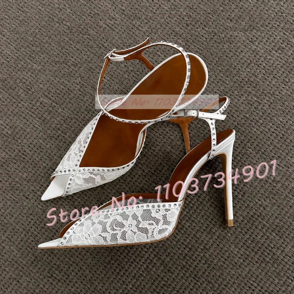 White Lace Peep Toe Stiletto Sandals Women Crystals Ankle Strap Pointed Toe High Heels Ladies Elegant Party Wedding Sandals