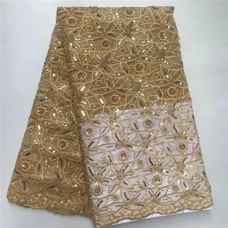 

5 Yard Hot Organza French Lace With Sequins African Tulle Cord Guipure Lace Net Embroidered Fabric For Wedding Party PSJF32501