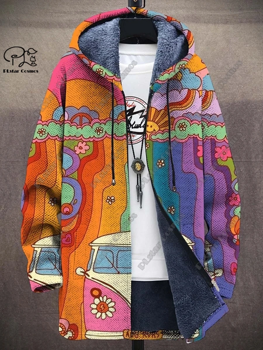 3d Gedrukt Nieuwe Winter Capuchon Unisex Retro Geometrisch Gradiënt Kunst Patroon Pluche Verdikte Lange Mouwen Casual Warm Jasje DY-8