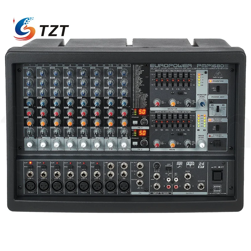 TZT PMP1680S 1600W 10-Channel Powered Mixer Original Mixing Console w/ Dual Processor for Behringer