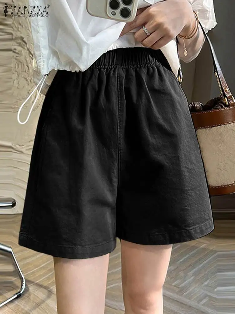 

ZANZEA Summer Vintage Trousers Women Casual Elastic Waist Shorts Vintage Solid Pants Elegant Wide Leg Pantalon Office Lady Pant