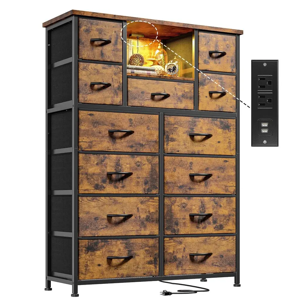 for Bedroom with 13 Fabric Drawers, Dressers with LED amp 4 Charging Ports, 47H Chest of Drawers with Open Storage Shelves for H