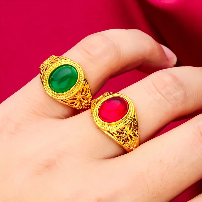 

Color-Blocking Charm! 24K Gold AU999 Green & Red Open Ring, Where Elegance Meets Personality