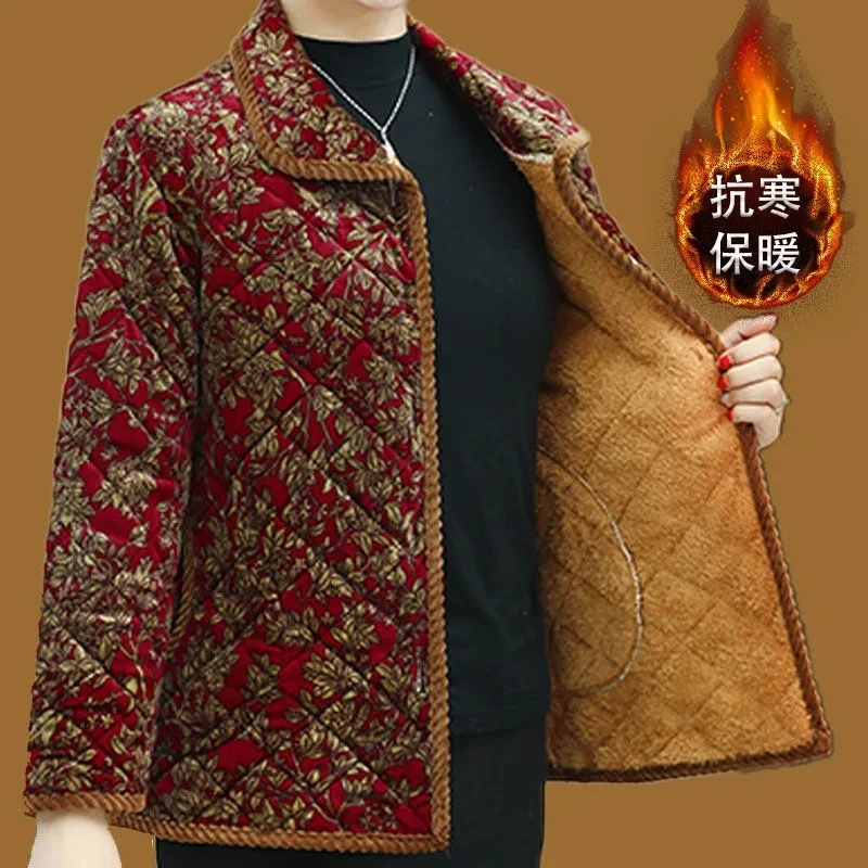 Jesienno-zimowy gruby płaszcz Parker Fashion Printi Mother Wear Ciepła pikowana aksamitna kurtka w średnim wieku Bawełniana kurtka damska Parka