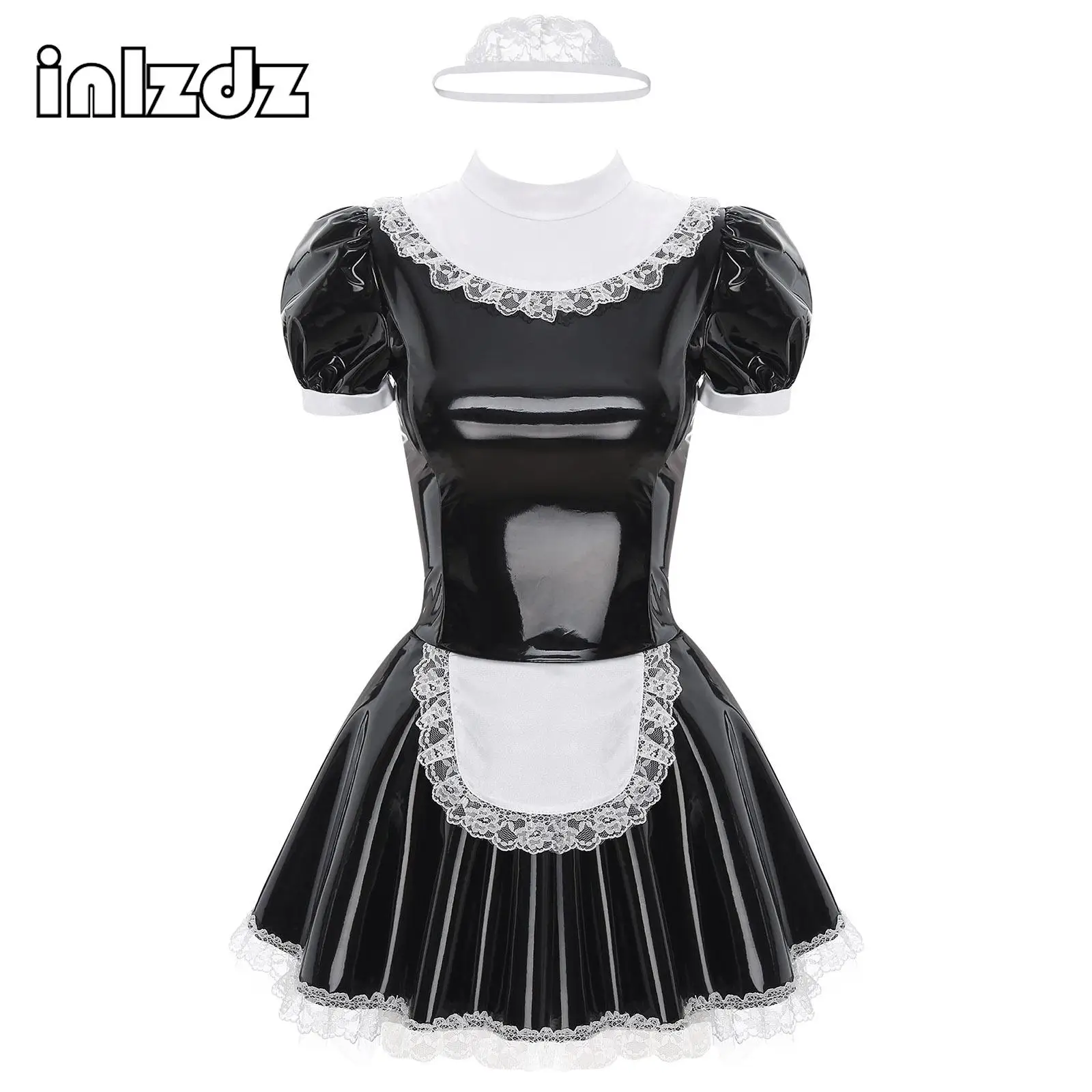 Womens Black Latex Maid Dress Set Glossy Patent Leather Ruffles Lace Apron Puff Sleeve A-Line Dress for Dating Night Clubwear