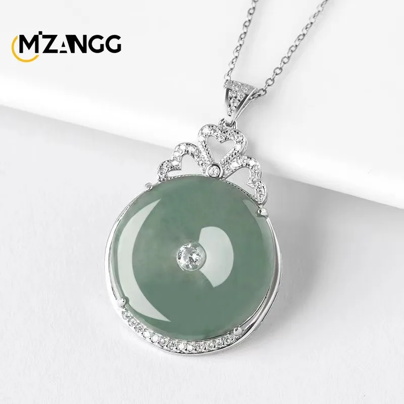 S925 Silver Inlaid Natural A Goods Jade Oil Green Peace Buckle Pendant Ice Kind Women's Jade Necklace Fashion Luxury Jewelry