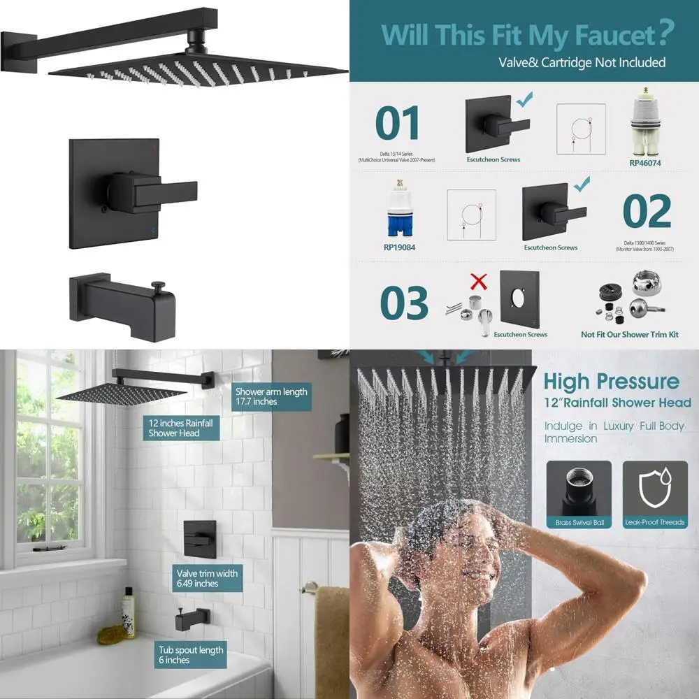 

Rainfall Shower Faucet Tub Trim Kit, 12-Inch, Matte Black Finish, Universal Replacement, Excludes Valve and Cartridge, Fits 13/1