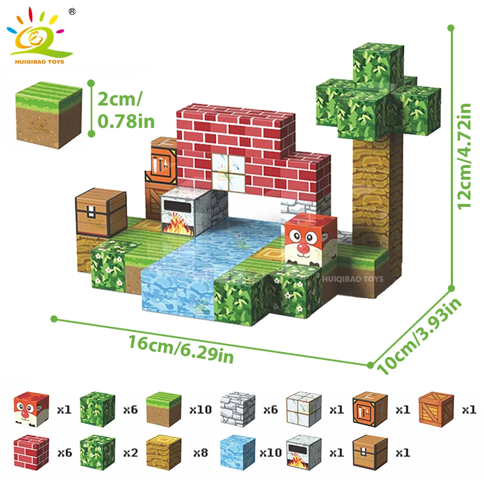 3D Square Jungle Adventure Blocos Magnéticos, DIY Puzzle, Mine World Cube, Magnet World Set, Brinquedo Sensorial Educacional para Crianças, Presente