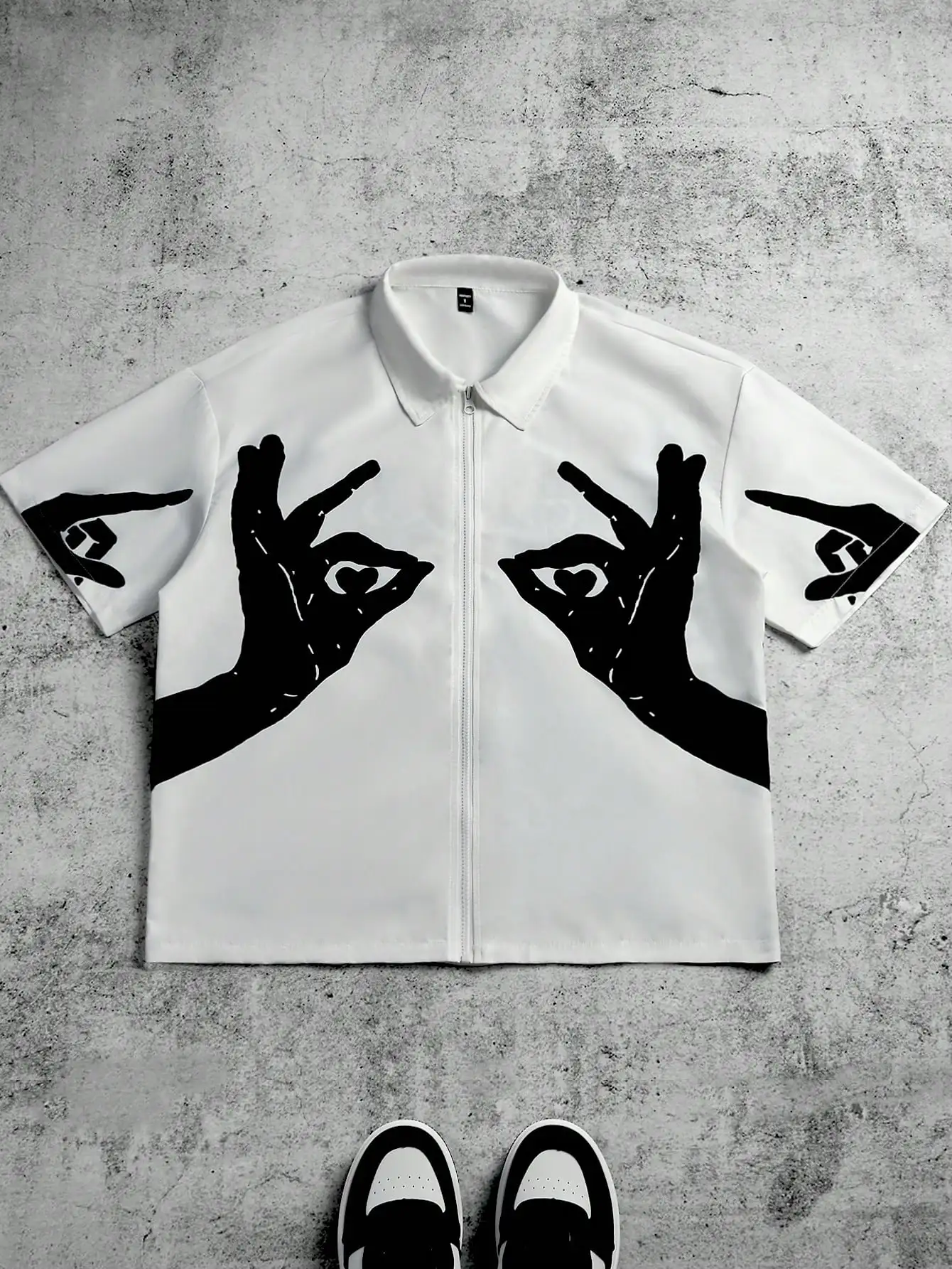 

Men's White Zip-Front Short Sleeve Shirt with Bold Hand Gesture Print, Loose Fit Streetwear Style
