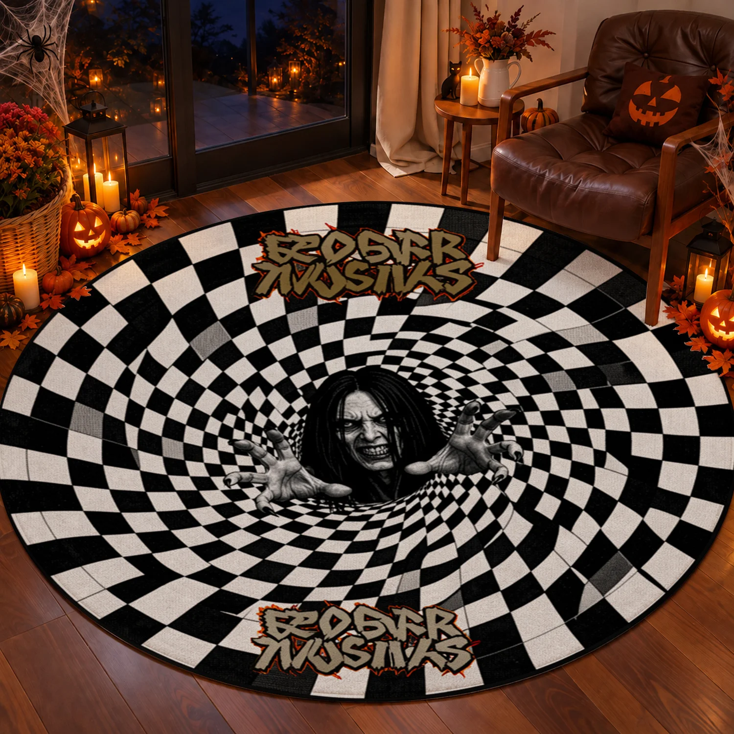 Optical Illusion Black White Checkered Horror Figure Round Velvet Rug, Machine Washable Soft Plush Decorative Floor Mat for Living Room, Bedroom, Entryway, Dining Area, Ideal for Halloween, Thanksgiving, Black Friday, Christmas, New Year Decorations