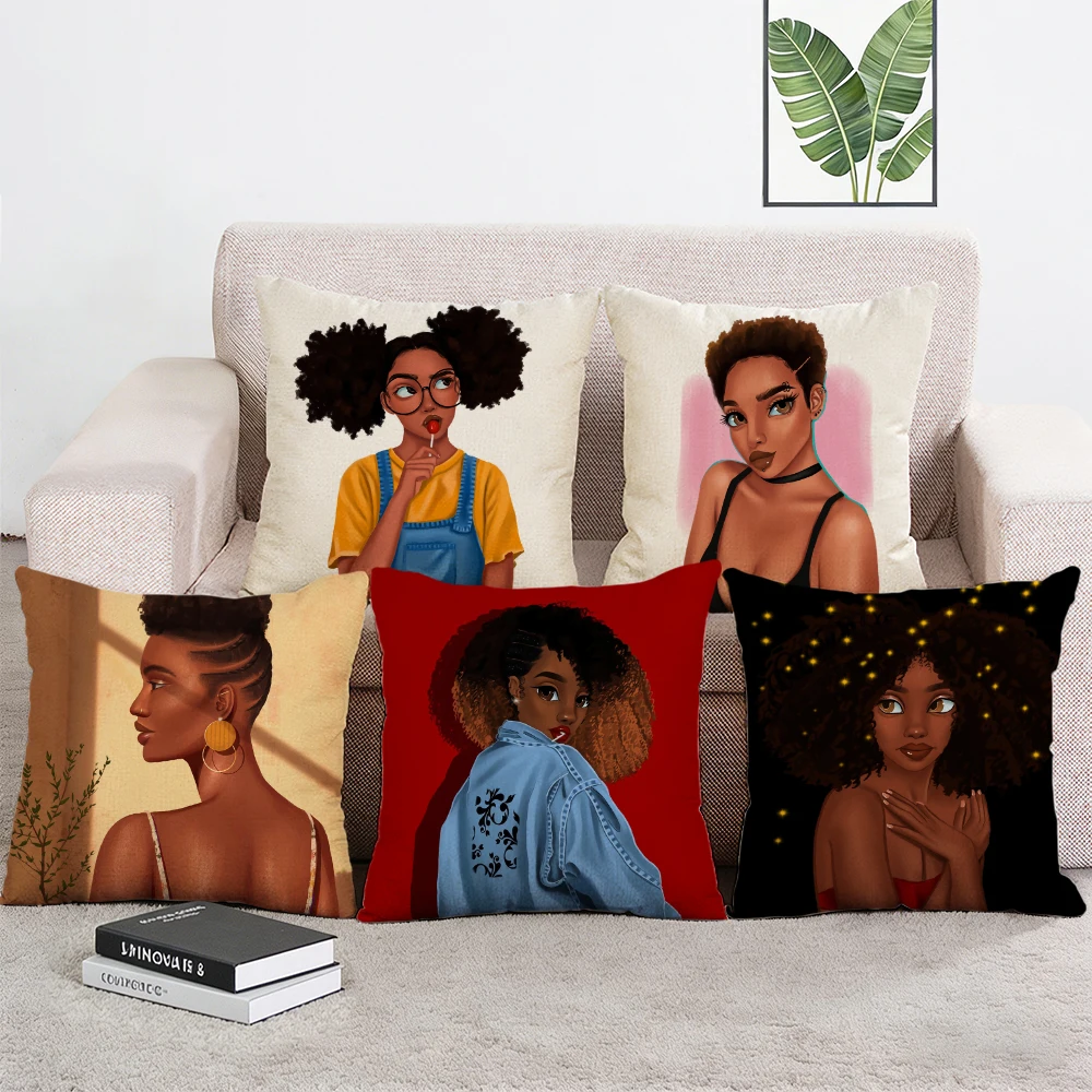 

African American Girl Print Pillow Case African Art Cushion Cover Sofa Throw Pillow Cover Home Decor